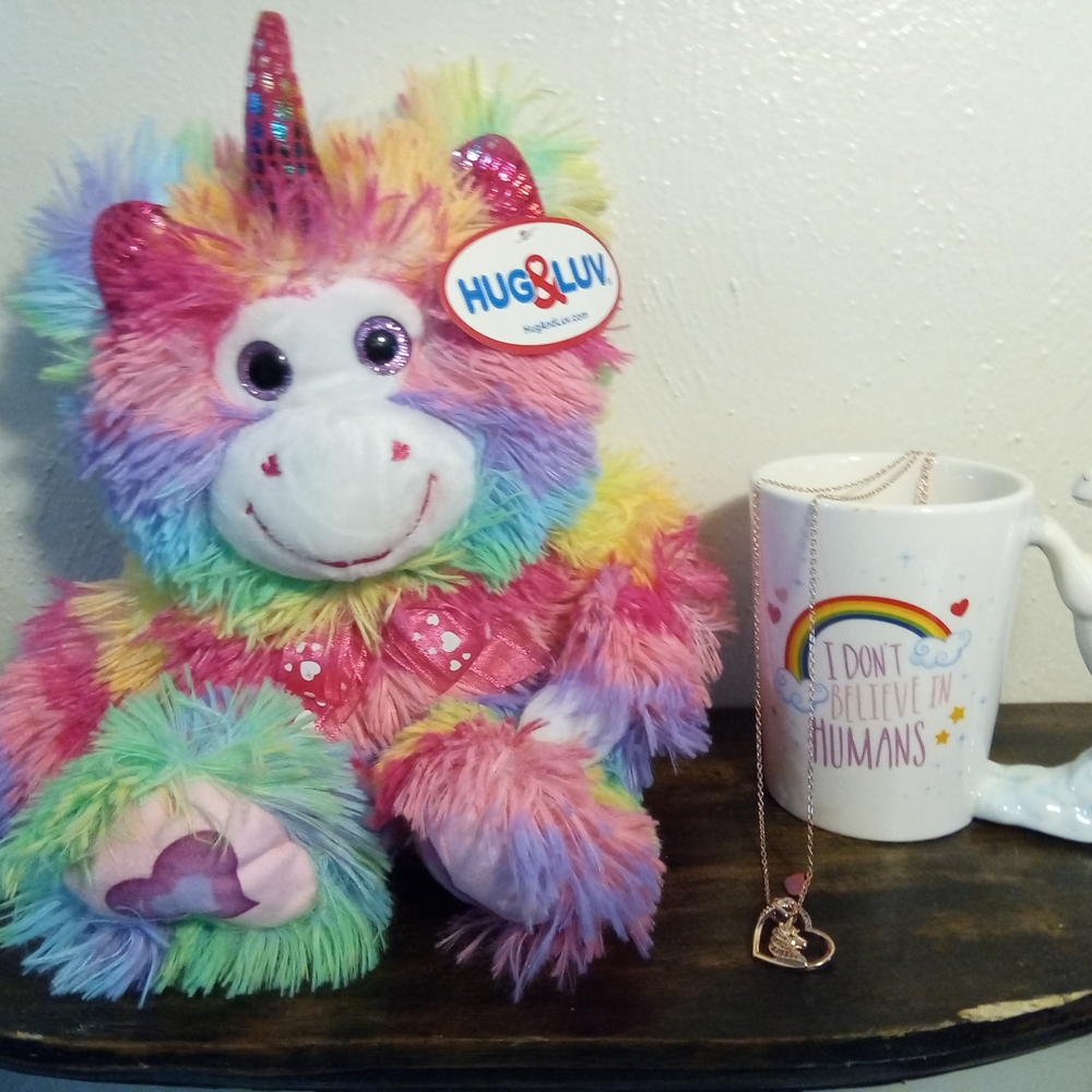 🌈I Don't Believe in Humans🦄 Unicorn Rainbow Necklace Plush Mug Set Bundle Gift